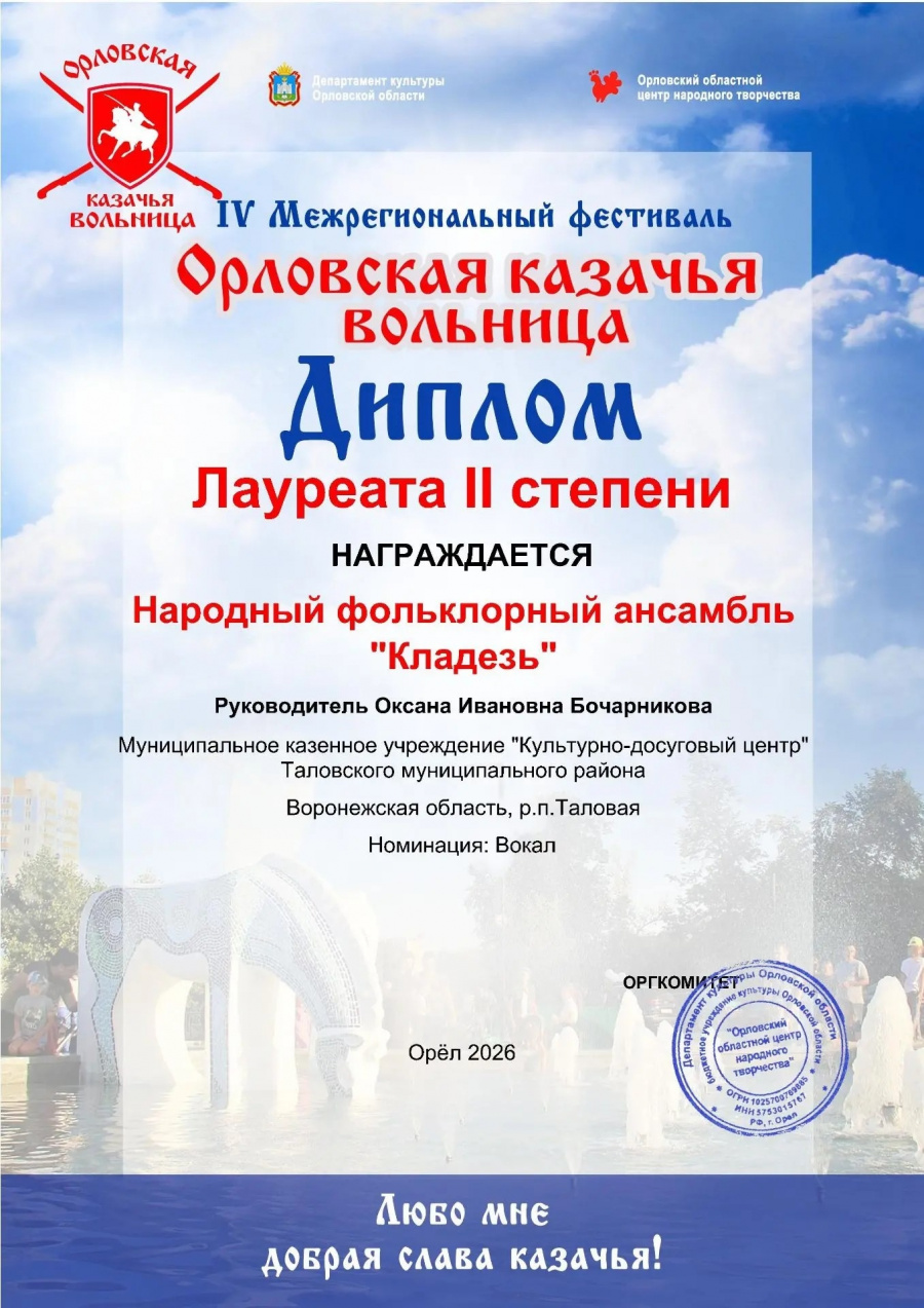 Поздравляем Народный фольклорный ансамбль «Кладезь» с Лауреатом II степени в IV Межрегиональном фестивале «Орловская казачья вольница»