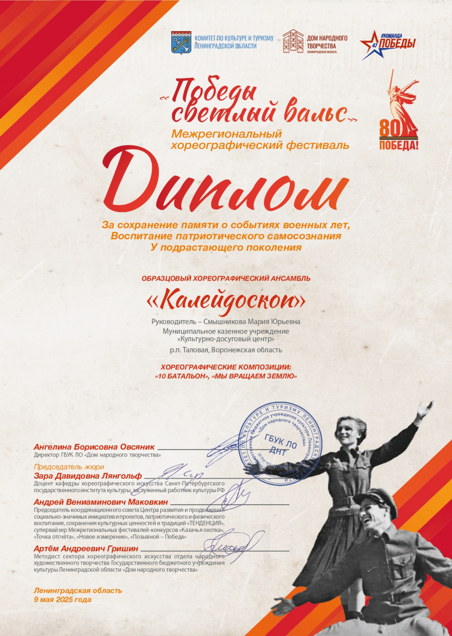 Образцовый хореографический ансамбль «Калейдоскоп» (руководитель Мария Смышникова) стал участником межрегионального хореографического фестиваля «Победы светлый вальс»
